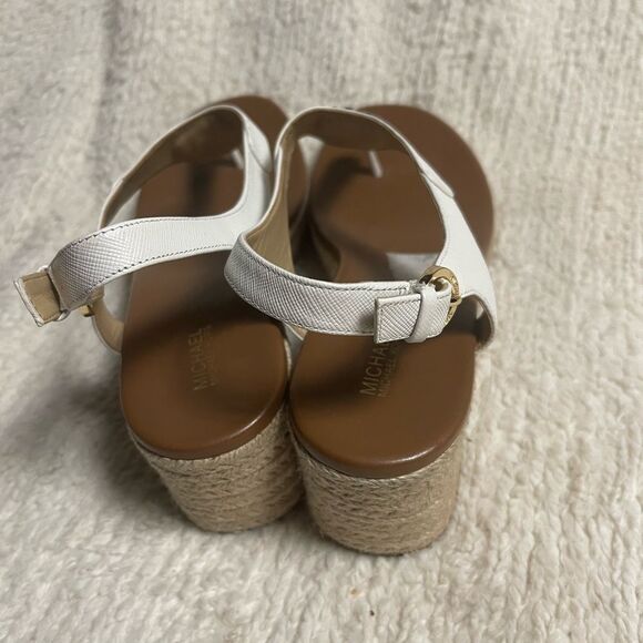 MICHAEL KORS LEATHER WHITE ESPADRILLE WEDGES THONGS SANDALS GOLD MK LOGO SZ9.5M - Picture 4 of 10